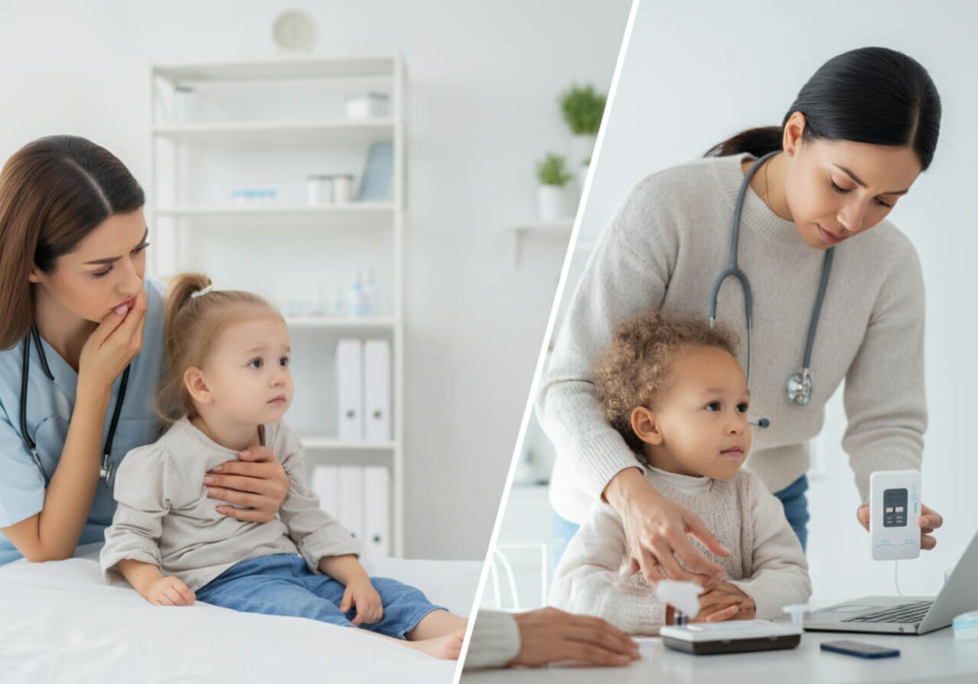 Child being checked by a doctor vs child being checked at home. How to monitor children's health.