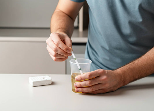 A man dipping a urine dipstick strip in a urine sample