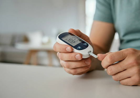 A man holding a glucometer on his right hand. He lays his hands on top of a white counter.