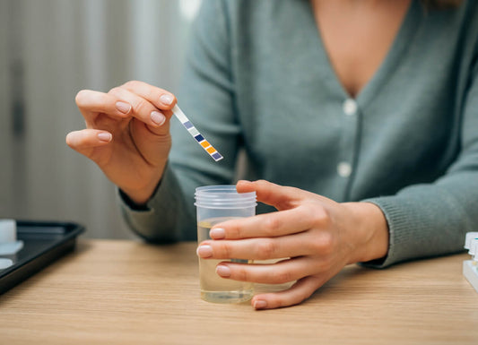 A woman holding a urine test strip on her right hand over the urine cup on his left hand 