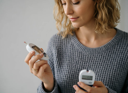Woman with short blond hair wearing a gray knitted sweater looking at her blood glucose test results on a glucometer