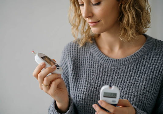 Woman with short blond hair wearing a gray knitted sweater looking at her blood glucose test results on a glucometer