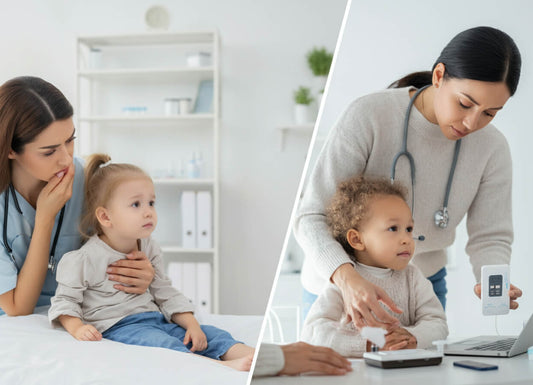 Child being checked by a doctor vs child being checked at home. How to monitor children's health.