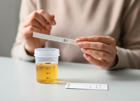 Urine sample in a plastic collection cup and a color card on a white tabletop. a woman wearing beige sweater holding a urine dipstick test on her left hand.