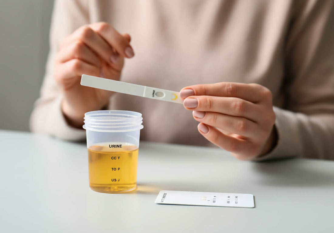 Urine sample in a plastic collection cup and a color card on a white tabletop. a woman wearing beige sweater holding a urine dipstick test on her left hand.