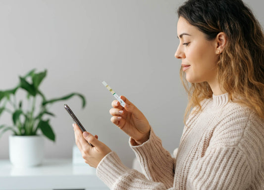 Woman looking at her phone to interpret her urine dipstick result