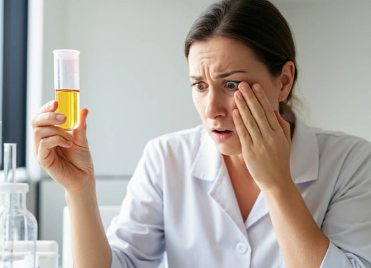 Worried woman looking at her urine sample, which has a pinkish hue to it. 