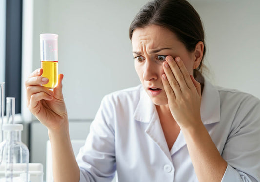 Worried woman looking at her urine sample, which has a pinkish hue to it. 