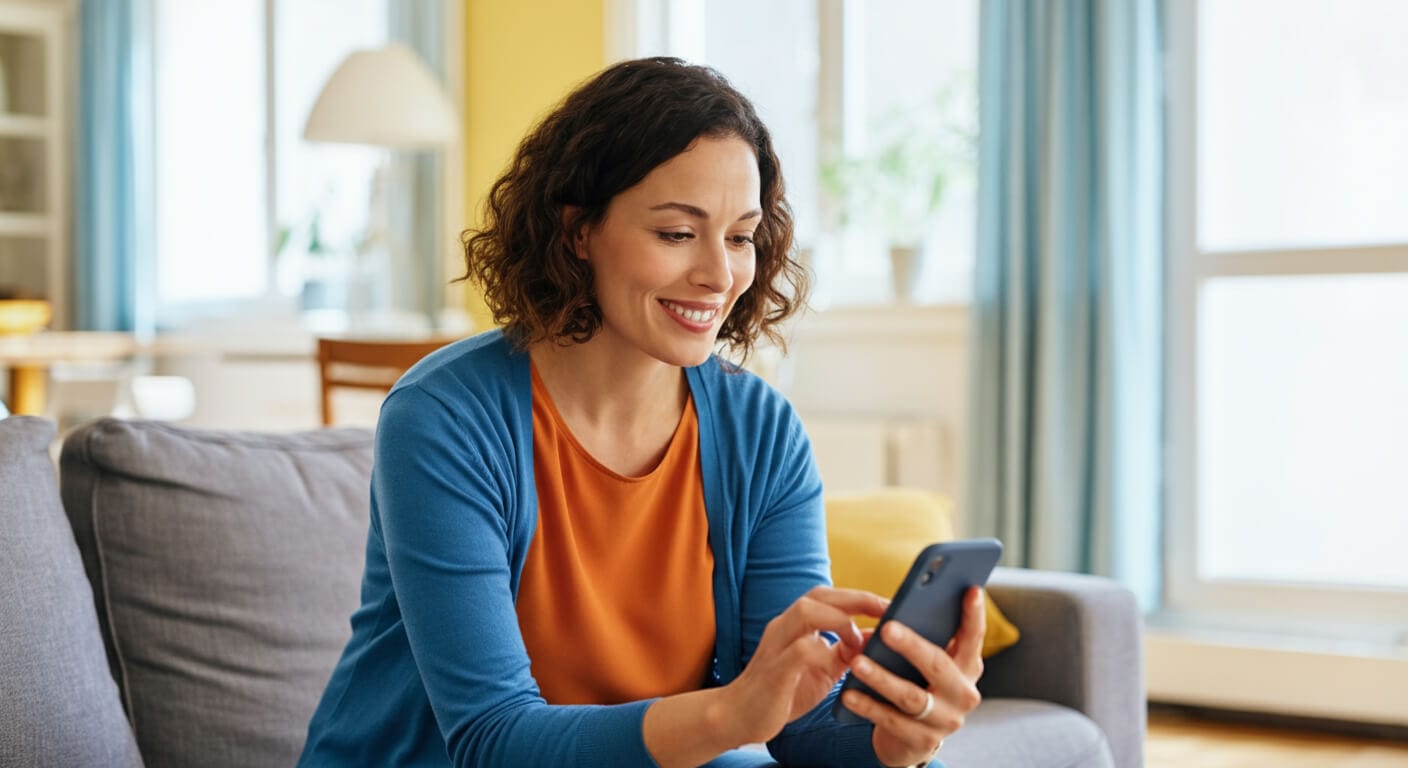 A woman looking at her phone, smiling. Checking Ribbon app for the results of her at-home liver test.