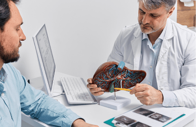 Doctor explaining a model of a human heart to a patient in an office setting.
