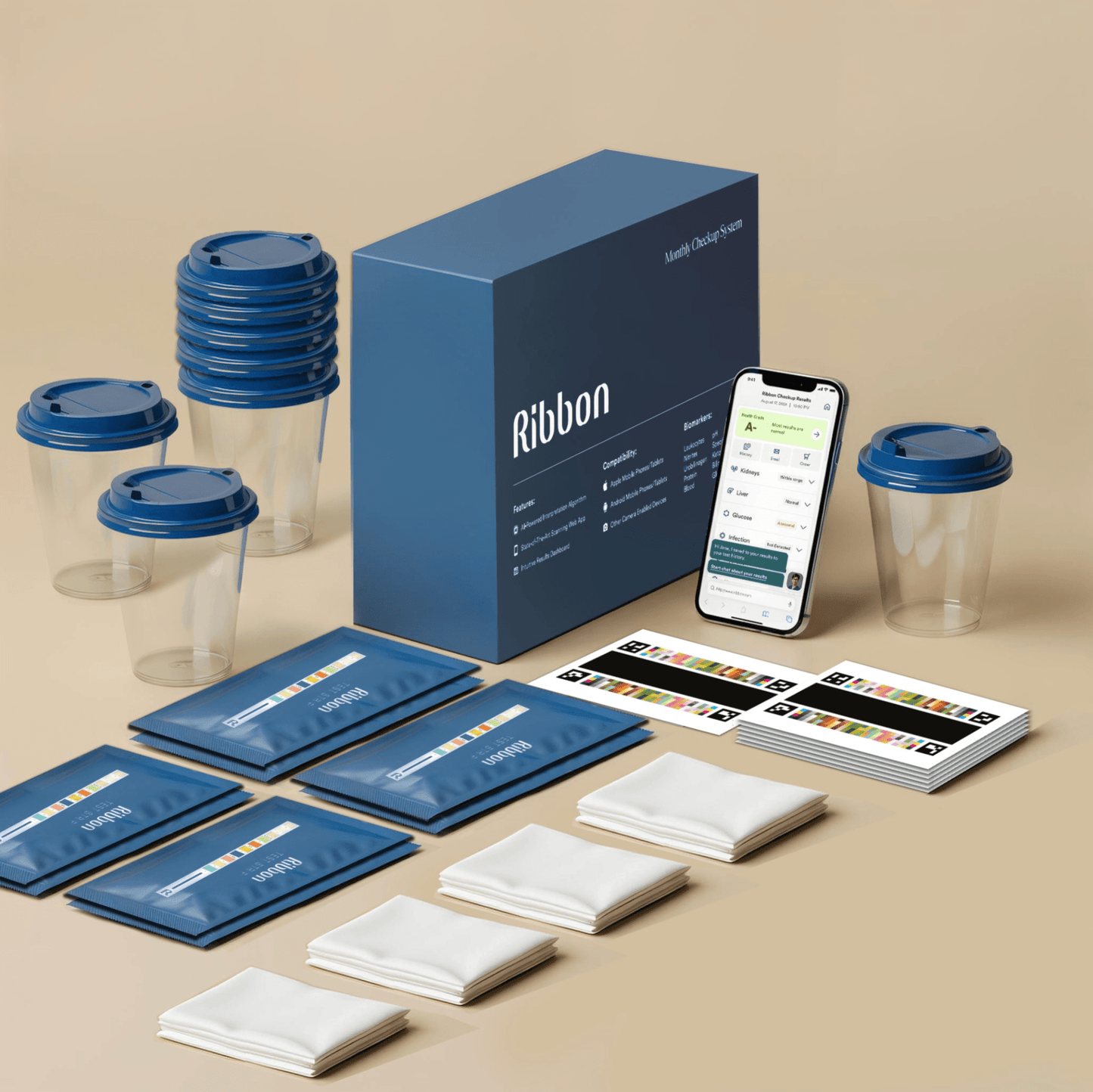 Ribbon Checkup Home Health Test kit. Ribbon's blue box, urine cups, test strips, napkin tissues, and color card. Liver health test, kidney health test, urine glucose test, hydration status test, and UTI test at home.