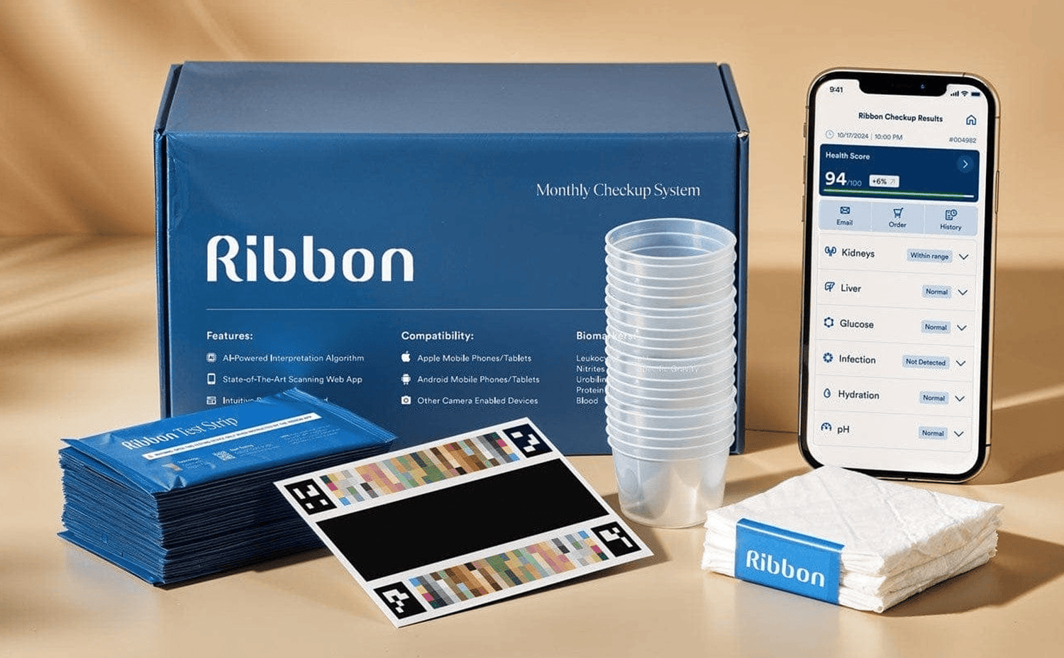 Ribbon product packaging with cards, cups, and a smartphone app on a beige background